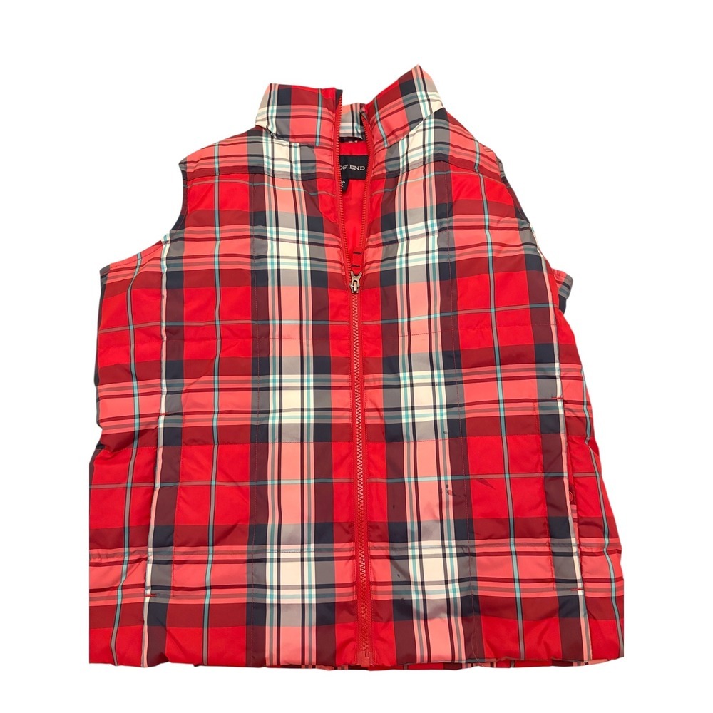 Lands End Plaid Puffer Vest Womens M P 10 12 Red Blue White Quilted Zip Up